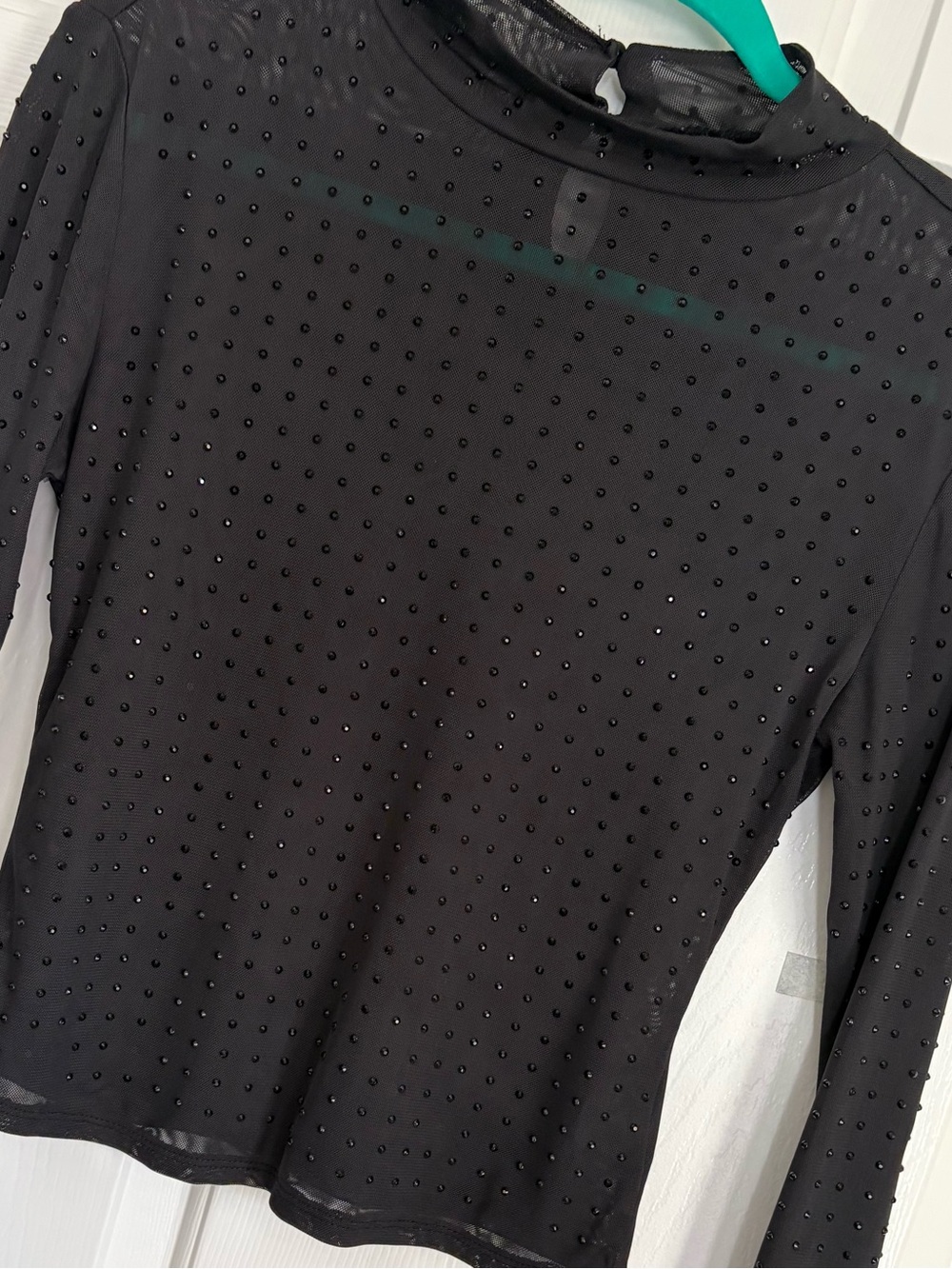 Black Rhinestone Studded Mesh Mock Neck Long Sleeve Top Size WMN M 8-10